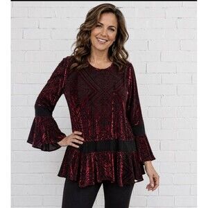 IC Collection Connie K Red Black Tunic Top Velvet Burnout S Whimsigoth Boho